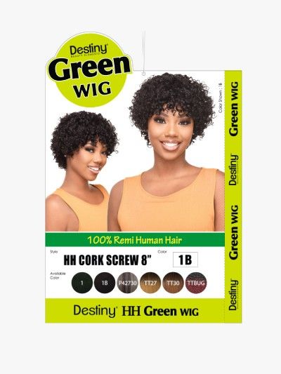 HH Cork Screw 8 Inch 100 Remi Human Hair Destiny Green Full Wig - Beauty Elements