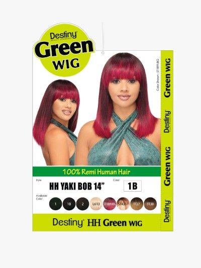 HH Yaki Bob 14 Inch 100 Remi Human Hair Destiny Green Full Wig - Beauty Elements