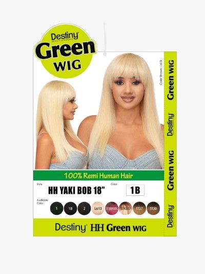 HH Yaki Bob 18 Inch 100 Remi Human Hair Destiny Green Full Wig - Beauty Elements